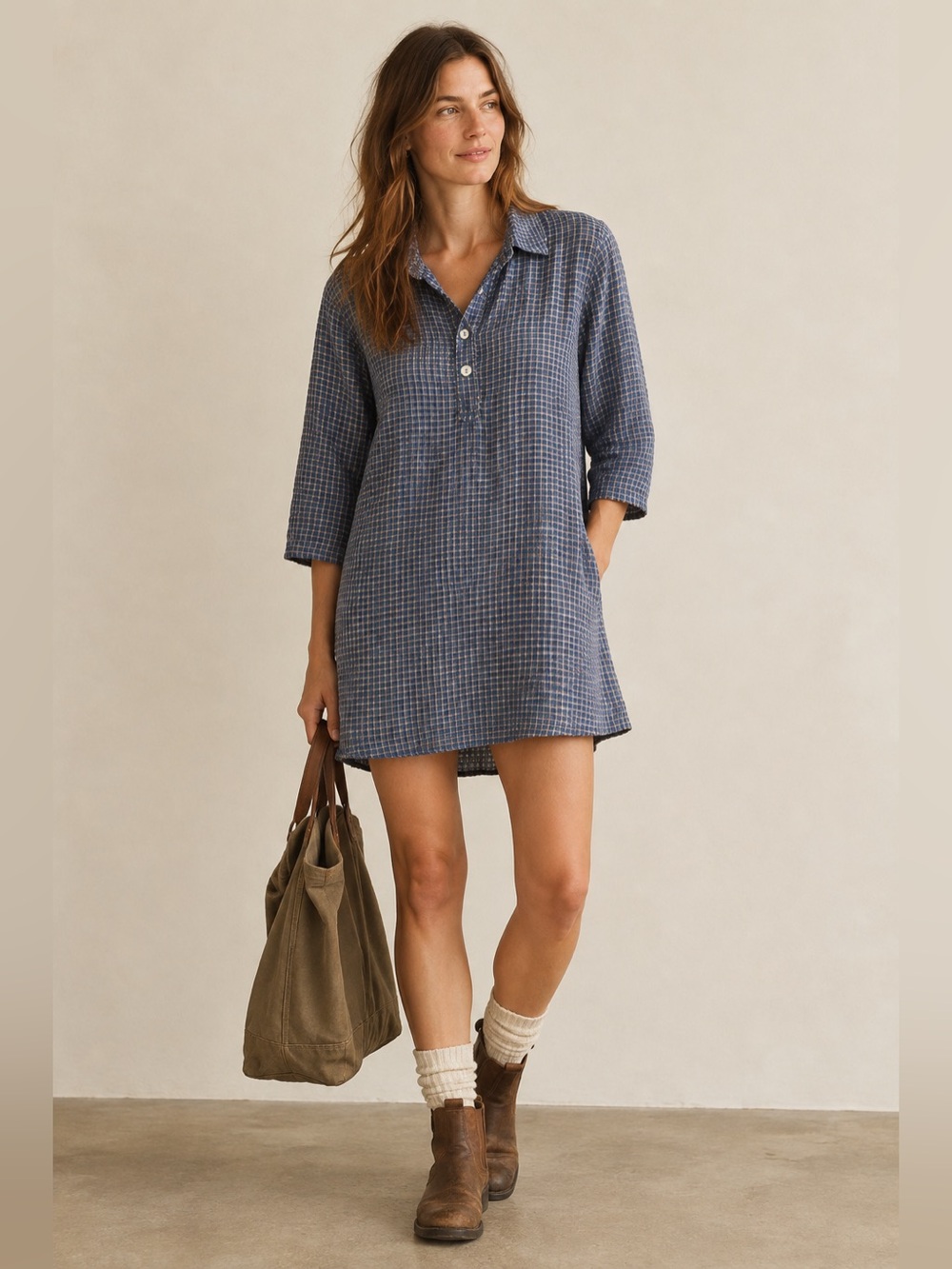 Vintage 1980s/90s Match Point USA Linen Blend Plaid Tunic Shirt Dress S